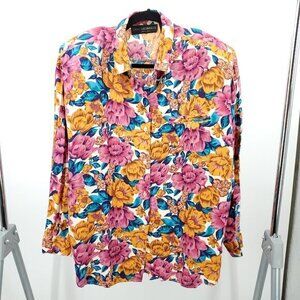 VTG Eric Michaels Maximalist Floral Button Front Shirt L Pink/Tan/Blue/White